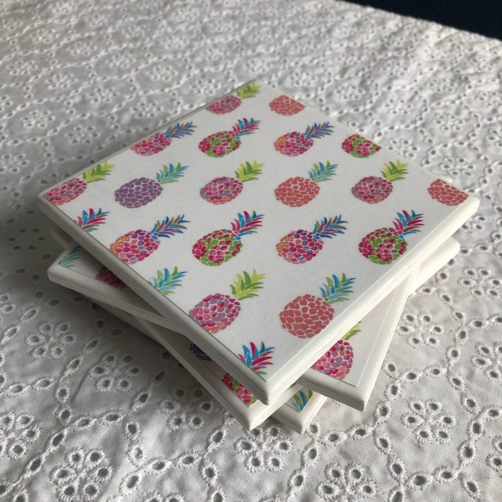 HANDMADE CERAMIC TILE COASTERS - Pink Pineapple